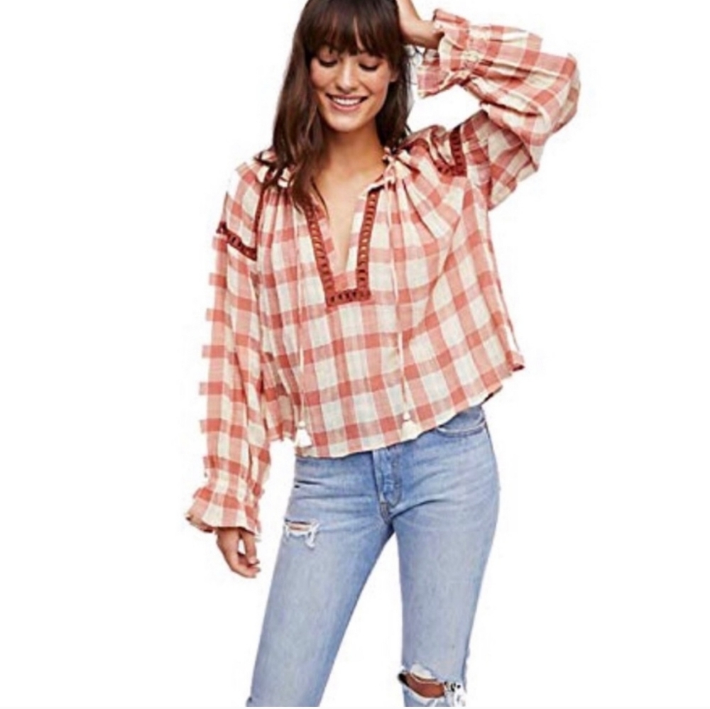 Free People Honey Grove Plaid Peasant Long Sleeve Shirt Small